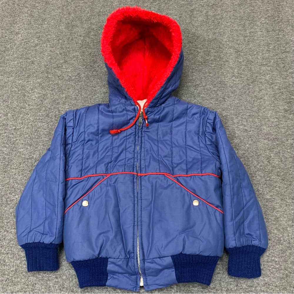 Vintage 80s Blue Quilted Faux-Fur Lined Hooded Zip Jacket Size 4
